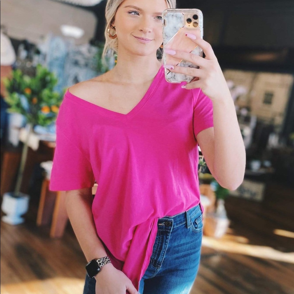 BASICALLY YOU V-NECK SHIRT-FUCHSIA - Picture 2 of 2